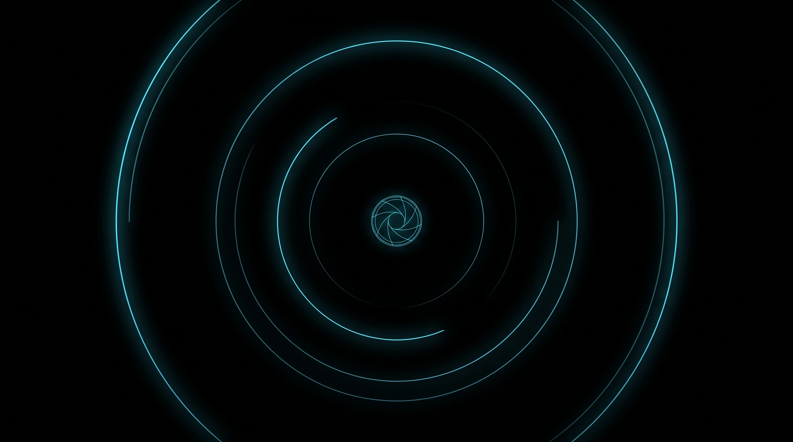 Three thin cyan arcs on different orbits, converging from three directions onto one small aperture module at the center: three separate rules, one board built to meet them