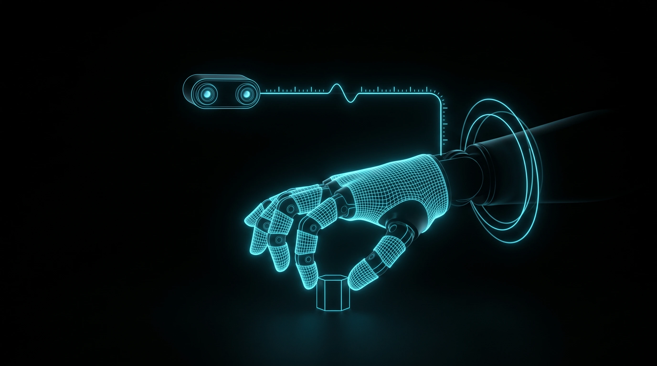 A stereo camera linked by a timing pulse to a robot hand reaching for a cube