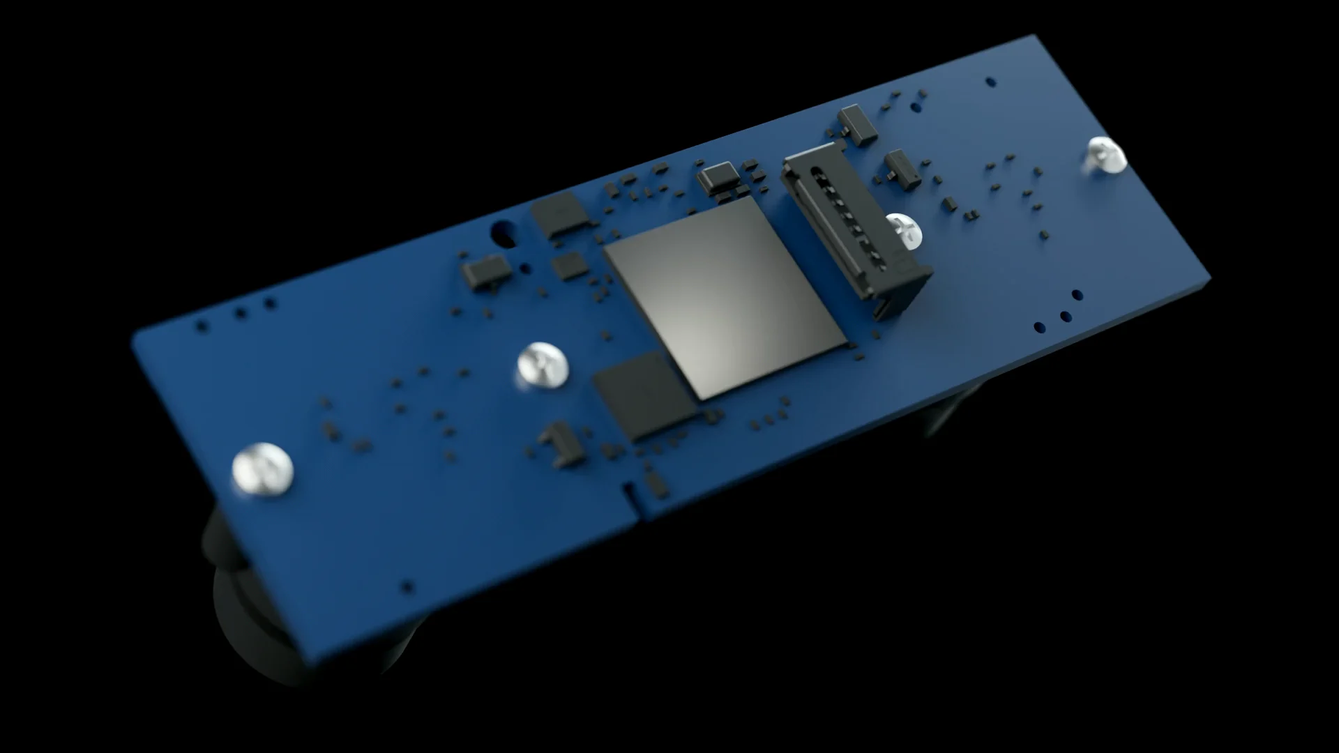 CAD render of the assembled AnchorCam Stereo main board: the large metal package at centre is the SoC that runs the hash-and-sign pipeline, beside the board-to-board connector and populated components.