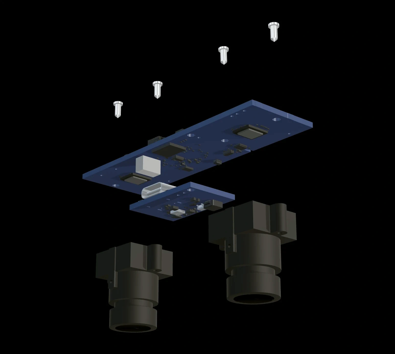 Exploded view of the AnchorCam Stereo assembly: main board, power board on a board-to-board connector, four mounting screws, and two M12 lens modules.
