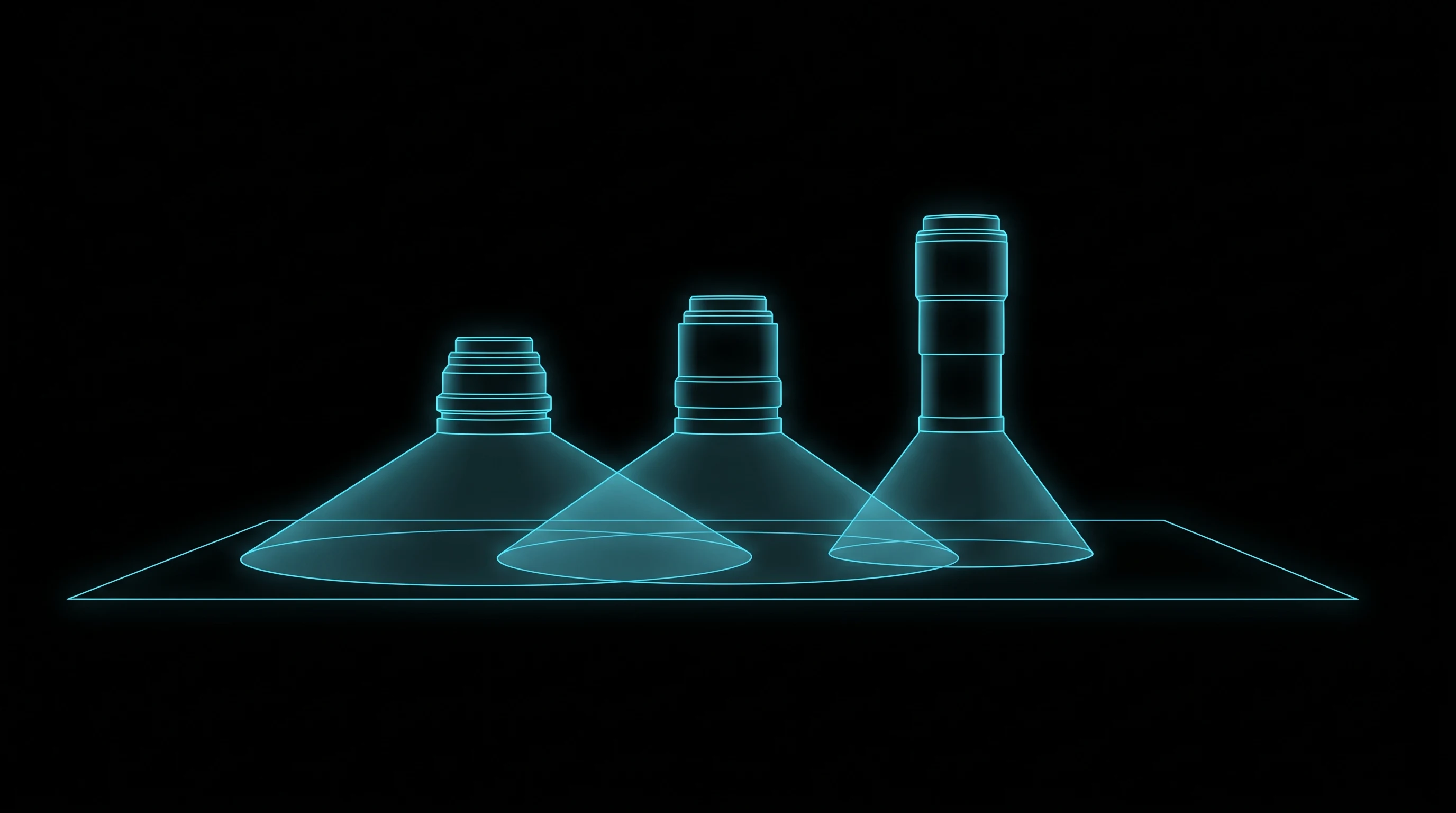 Three M12 lens barrels of different lengths, each projecting a wide, medium and narrow field-of-view cone onto the same plane