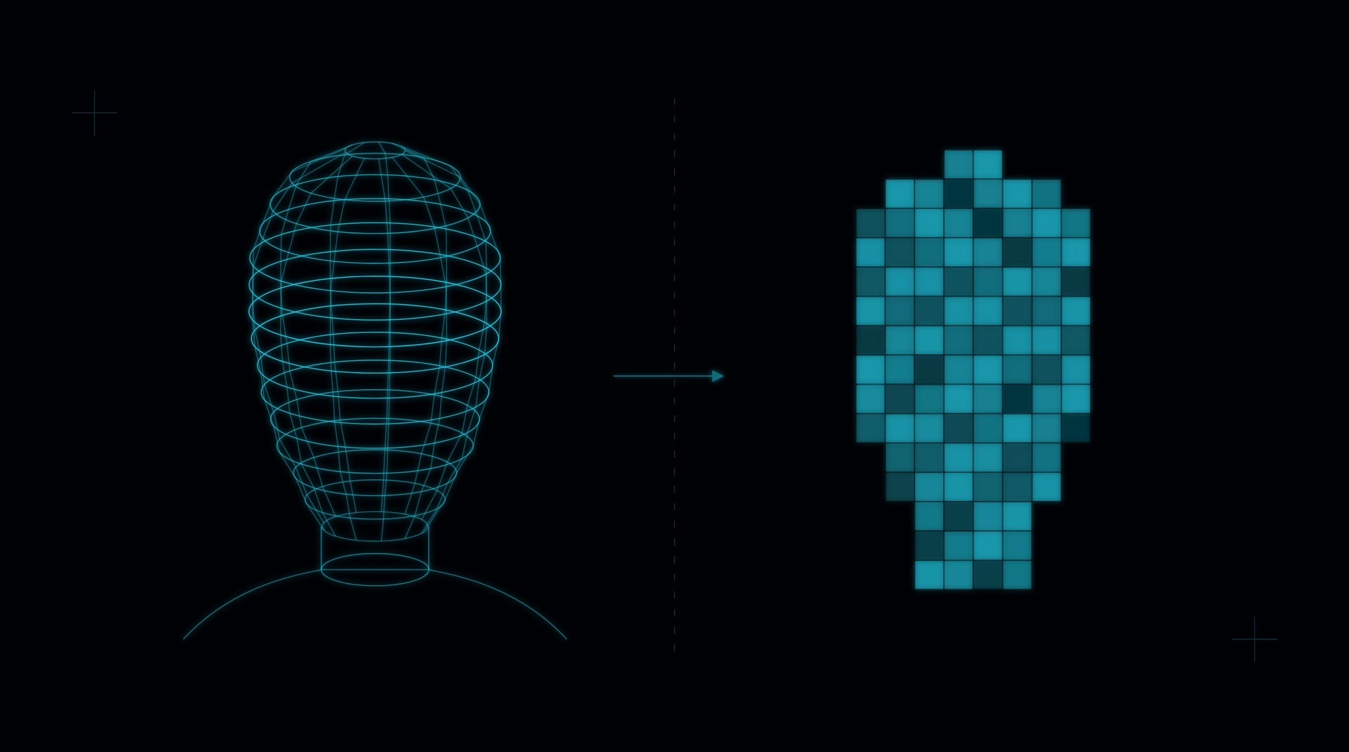 A wireframe head beside the same head resolved into coarse blocks, an arrow crossing from one to the other