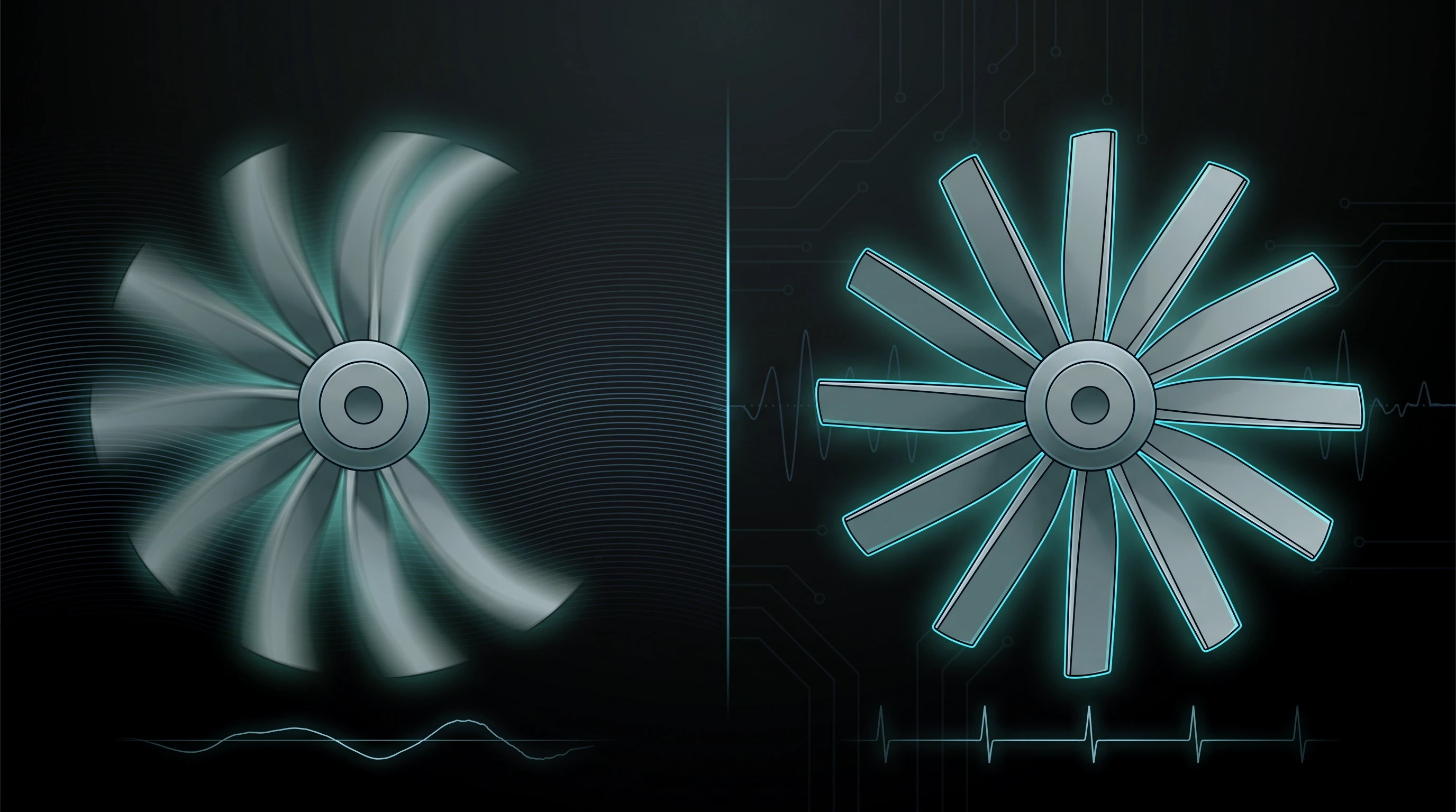 Rolling shutter on the left, a fast-moving blade blurred and skewed; global shutter on the right, the same blade frozen sharp