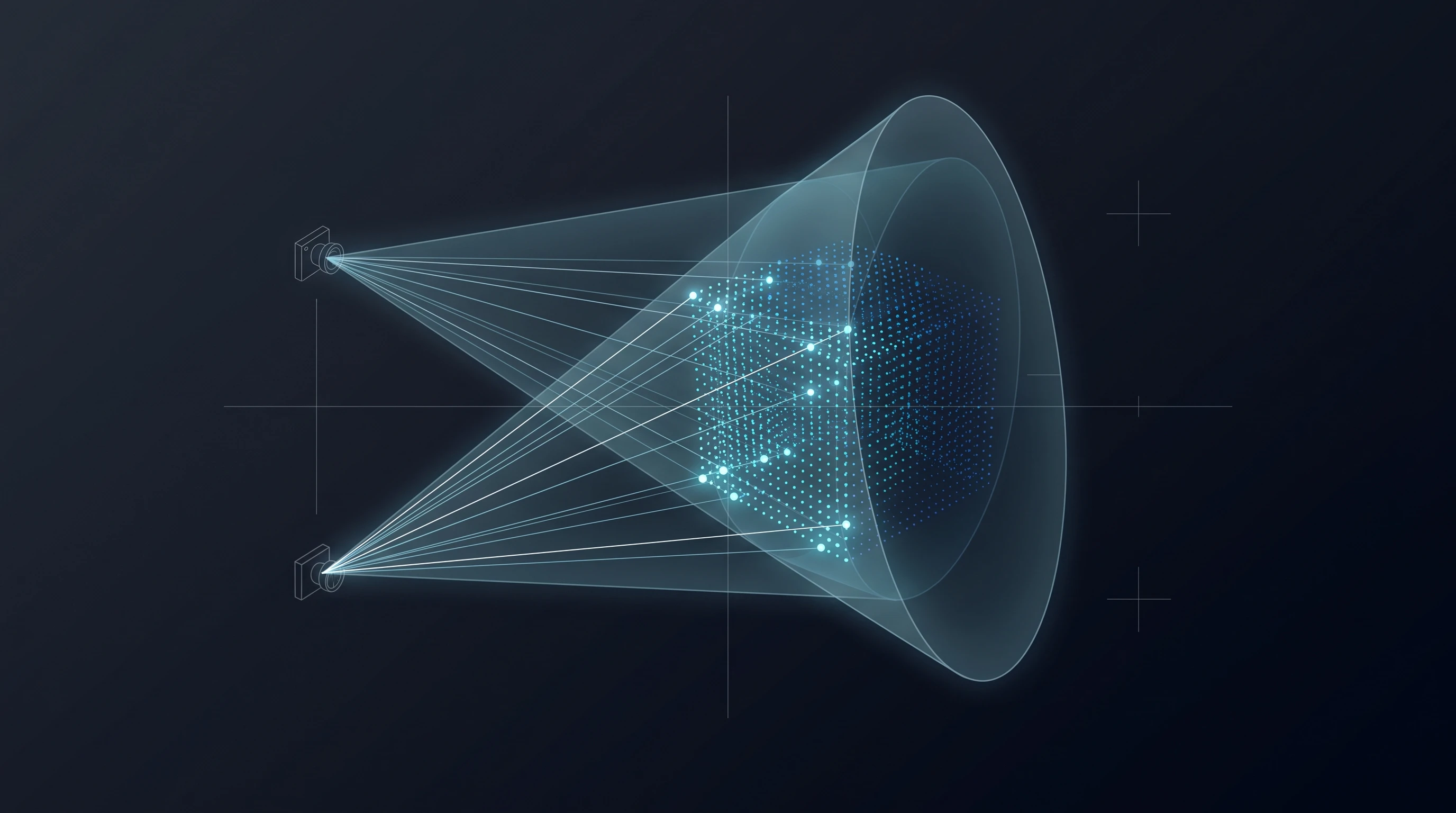 Stereo triangulation diagram: two cameras' sightlines converging into a measured 3D point cloud