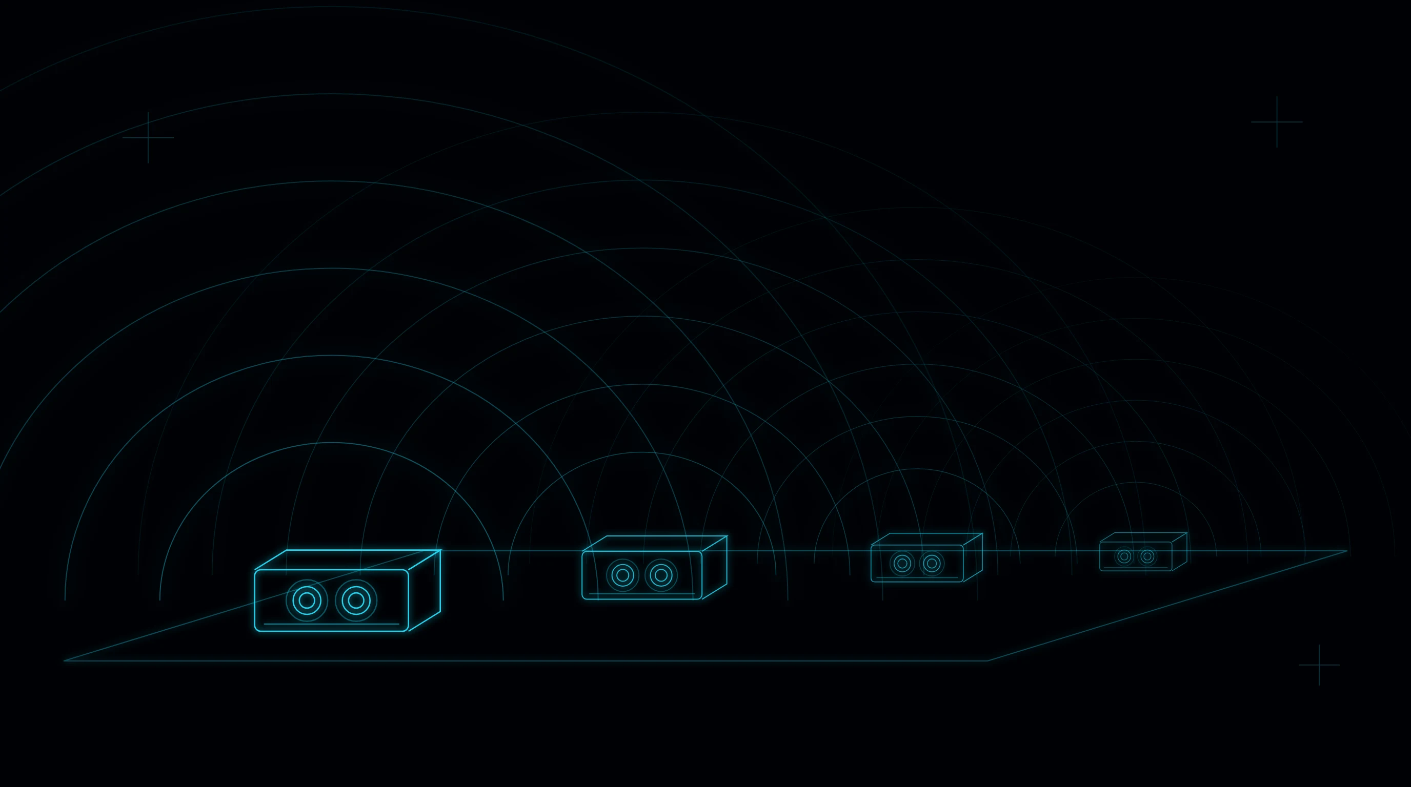 Four camera units standing on a plane, each surrounded by expanding arcs that overlap with its neighbours'. A fleet reachable with no cable between any of them